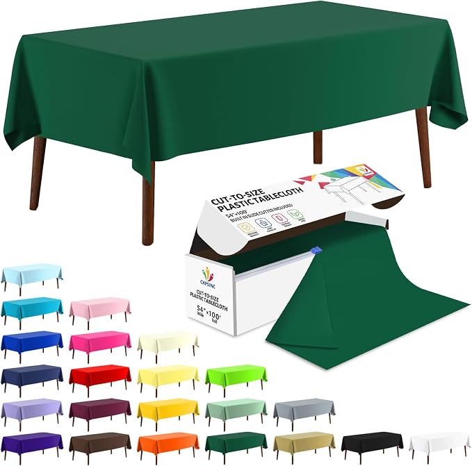 CXPSINC 54 Inch X 100 Feet Plastic Table Cover Roll Disposable Tablecloth with Slide Cutter for All Type/Shape Tables | Party, Banquet, Birthdays, Weddings(Green, 100 Feet) by CXPSINC