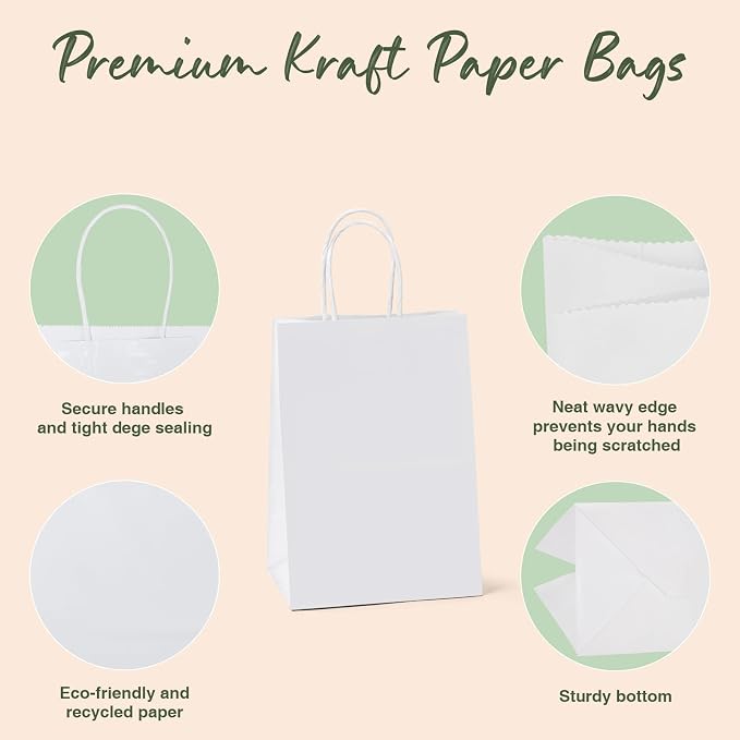 GSSUSA 100 Pack White Paper Bags with Handles, Small Gift Bags 5.25x3.75x8 | Sturdy Kraft Goodie Bags for Shopping, Retail, Wedding, Party Favors, Birthday Gifts, Boutique, Crafts, and Small Business. - Image 4