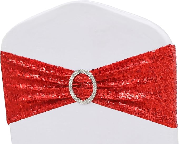 Double-Sided Sequins Red Chair Sashes for Wedding Decor, Red Sequin Chair Bands with Silver Buckles, Sequin Chair Sashes Bows for Party Ceremony Event Chair Decorations - 50 Pack - Image 8