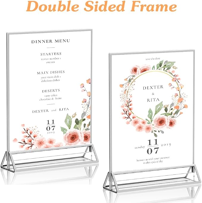 16 Pack 5x7 Clear Acrylic Sign Holders with Silver Borders and Vertical Stand, Double Sided Display Acrylic Table Number Holder for Desktop Table Menu, Wedding, Party, Restaurant - Image 5