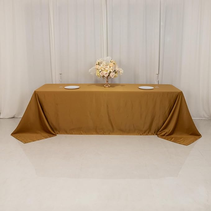 Efavormart Gold Seamless Lamour Satin Rectangle Tablecloth - 90"x156" for 8 Foot Table with Floor-Length Drop