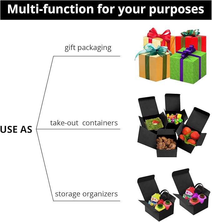 Small Black Gift Boxes 3x3x3 Black Kraft Paper Boxes for Gifts, Party Favors, Showers, Crafts, Candy Boxes, 100 Pack, Matte Black, 3 x 3 x 3 inches - Image 3