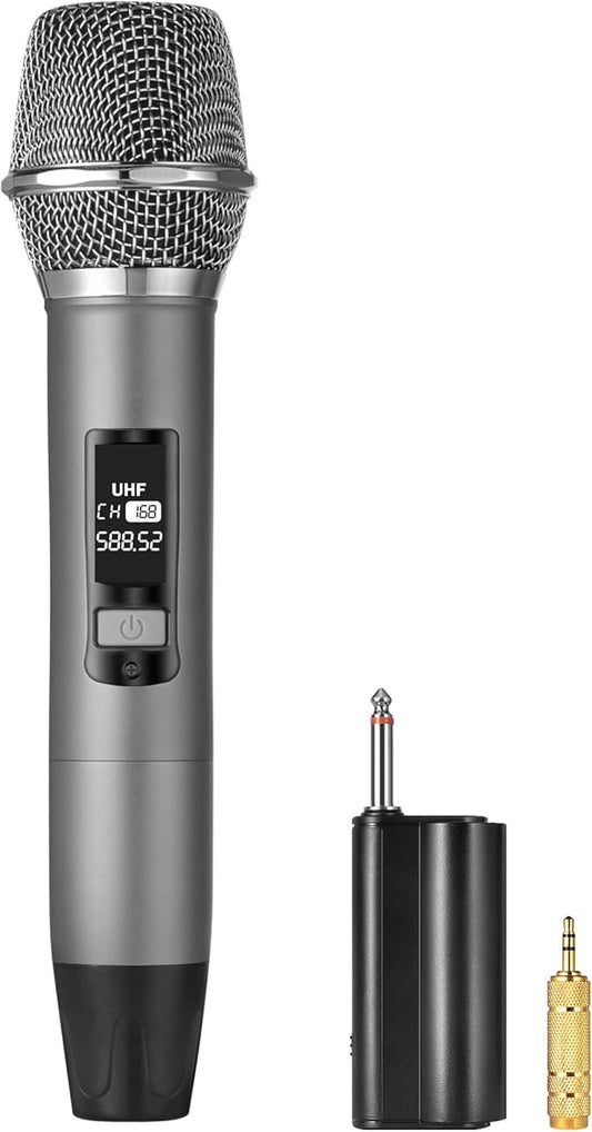 Rechargeable Wireless Microphone, Two Metal UHF Microphones with 1/4" Receiver, Plug-and-Play for Karaoke Singsing, Lecture, Stage Performance, PA System (Gray - One Mic)
