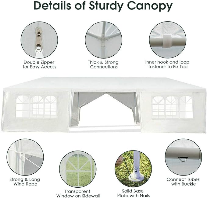 Tangkula 10' x 30' Outdoor Waterproof Gazebo Canopy w/ 6 Removable Sidewalls and 2 Doorways, Heavy Duty Large Tent w/Strong Connection Stakes Ropes for Party Wedding Events Beach BBQ (White)