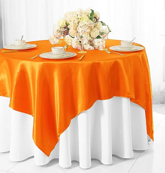 (2 PCS 54" Square Satin Table Overlays Toppers Tablecloths Table Overlay Cover Linens for Wedding Decoration Party Banquet Events - Tangerine