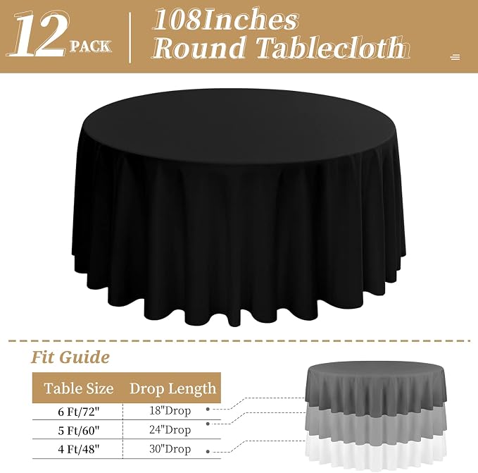 12 Packs 108 Inch Black Round Polyester Tablecloths | Table Cover for Round Tables, Stain and Wrinkle Resistant Washable Table Cloth, Perfect for Wedding Banquet Parties - Image 2