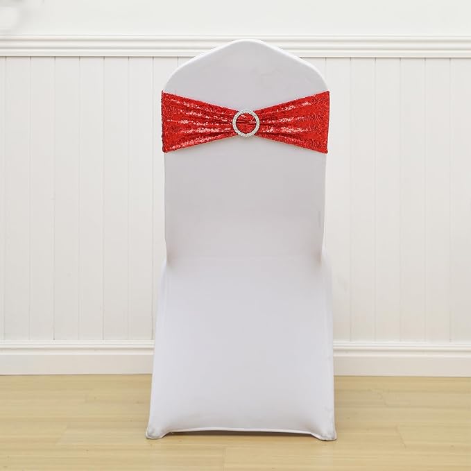 Double-Sided Sequins Red Chair Sashes for Wedding Decor, Red Sequin Chair Bands with Silver Buckles, Sequin Chair Sashes Bows for Party Ceremony Event Chair Decorations - 50 Pack - Image 5