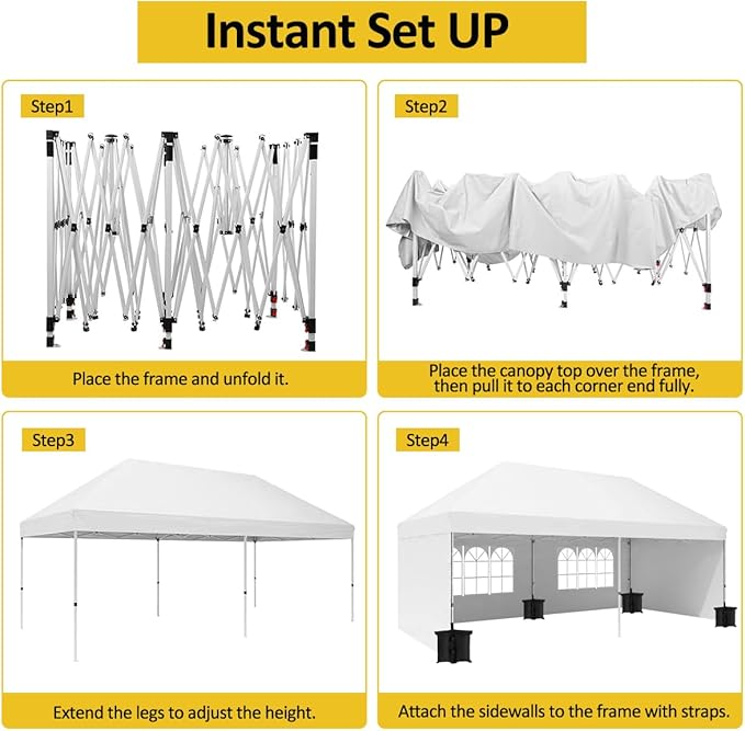 Eachbid 10' x 20' Pop Up Canopy Gazebo Commercial Tent with 4 Removable Sidewalls, Large Party Tent, Event Shelter Gazebo Canopy with 4 Sandbags, Stakes X12, for Patio Party Weddings Picnic (White)