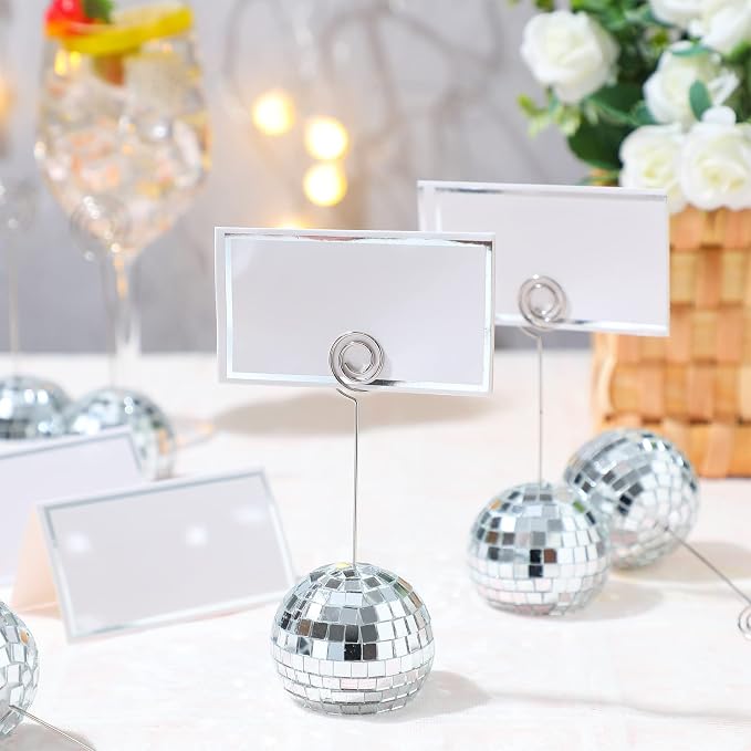 Maitys 20 Set Disco Ball Table Number Holders Silver,60pcs/20 Set,2 Inch | Swirl Wire Clips for Place Cards, Name Tags, Photo Stand, Wedding Bachelorette Party Decor, Includes 40 Blanks for Guests - Image 2