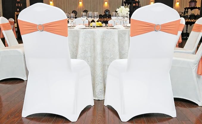 VDS - Peach | Spandex Chair Sashes Bows | 300 PCS | Stretch Elastic Banquet Universal Folding Chair Band Tie with Silver Buckle Slider for Wedding Party Conference Celebration Event Decoration - Image 6