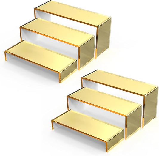 6 PCs Risers Display Stands 3 Tiers Desktop Acrylic Shelves Cake Dessert Holder Products Stand for Collectibles Shoes Jewels Pop Figure (Gold)
