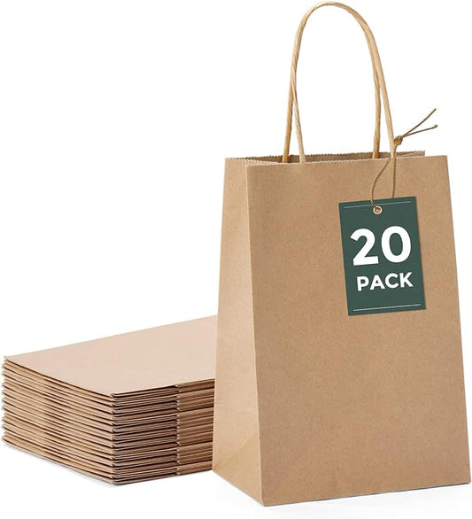 GSSUSA Brown Paper Bags with Handles, Small Gift Bags, 5.25x3.75x8, 20 Pack | Sturdy Kraft Goodie Bags for Graduation Gifts, Retail Shopping, Party Favors, Lunch, Christmas, and Small Business. by GSSUSA