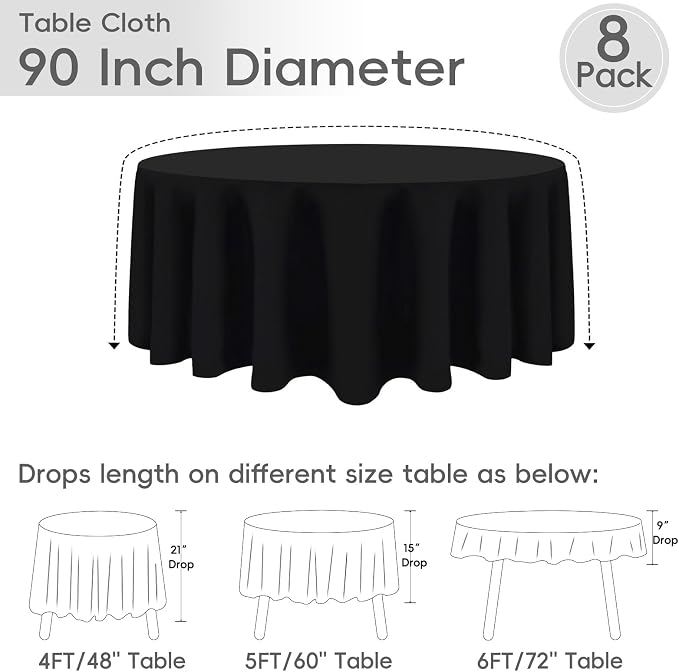 8 Pack Black Round Tablecloths 90 Inch | For 3Ft-5Ft Round Table, Wrinkle Resistant Table Cloth, Washable Polyester Fabric, For Wedding Party Banquet Buffet Camping - Image 2