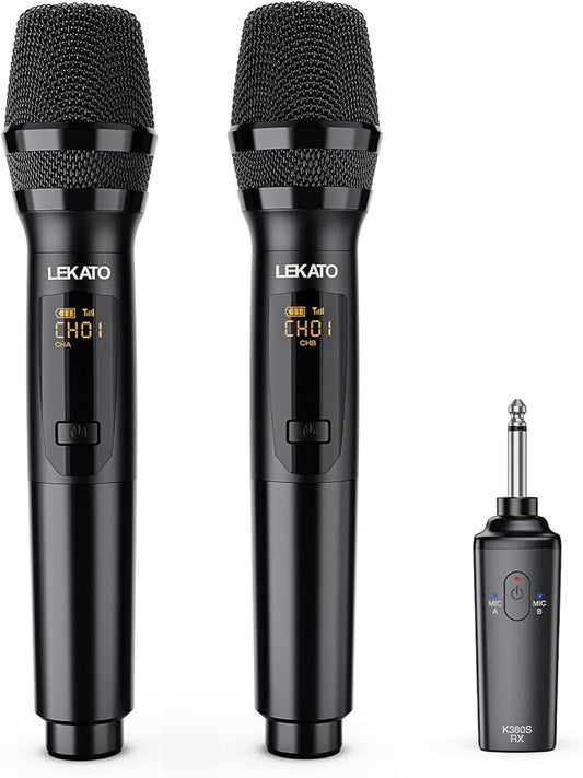 LEKATO Wireless Microphone, 2.4GHz Rechargeable Dual Handheld Wireless Dynamic Microphone System Set with 1/4" Receiver, Professional Cordless Microphone for Karaoke, Wedding, Party, Speech, Church