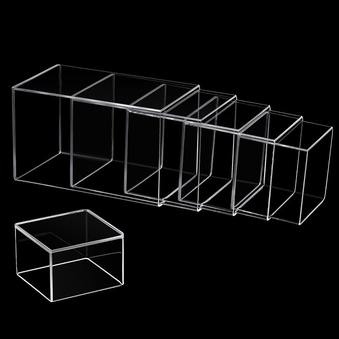 Thyle Jewelry Acrylic Risers Square Cube Display Nesting Risers Figure Stand with Hollow Bottoms Display Stand Shelf for Cosmetics Food Collectibles Perfume, 6 Sizes(Clear,12) - Image 3
