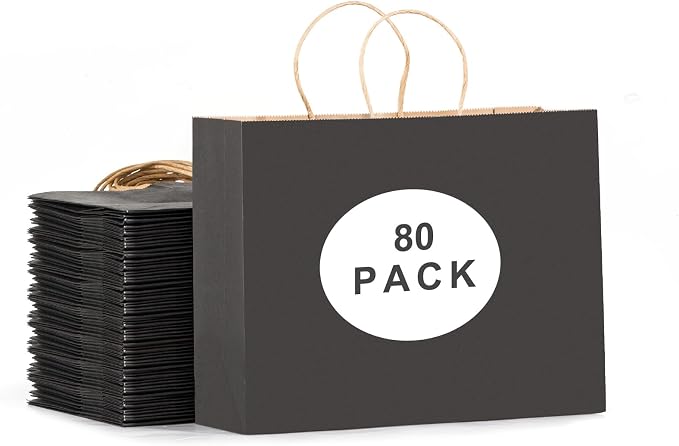 16x6x12 Inch 80pcs Black Paper Bags with Handles Bulk, Large Gift Bags, Large Kraft Paper Bags Shopping Bags in Bulk for Boutiques, Small Business, Retail Stores, Gifts & Merchandise （Black) by Landteek+Fine
