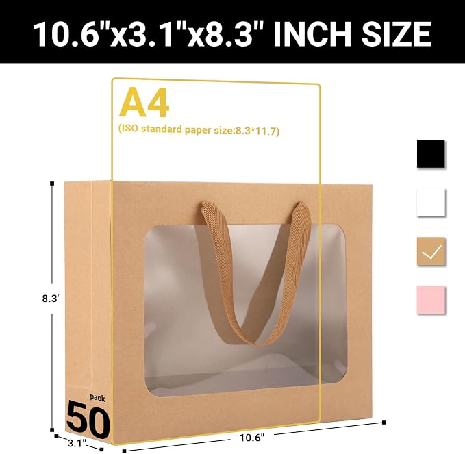 EUSOAR Paper Gift Bags Bulk, 50pcs 10.6"x3.1"x8.3" Kraft Brown Paper Clear Bags with Handles, Gift Shopping Bag with Transparent Window for Craft Grocery Boutique Baby Shower Party Favor Wedding - Image 2