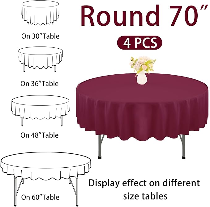 4 Pack Round Tablecloth 70 Inch Polyester Burgundy Washable Fabric Table Covers for Wedding Dining Table Buffet Parties Banquet Decoration（Burgundy） - Image 2