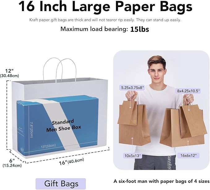 GSSUSA White Paper Bags with Handles, Large Gift Bags 16x6x12, 25 Pack | Sturdy Kraft Shopping Bags for Small Business, Boutique, Party Favors, Valentine's Day, Crafts, and Gift Packaging. - Image 2