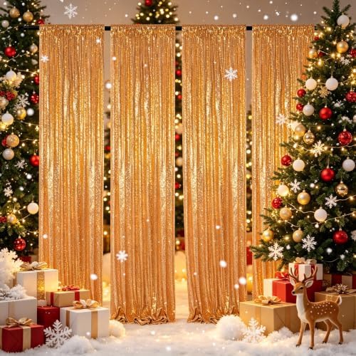 ShinyBeauty Gold Sequin Backdrop Curtains 4 Panels 2x8ft for Party Decor - Image 2