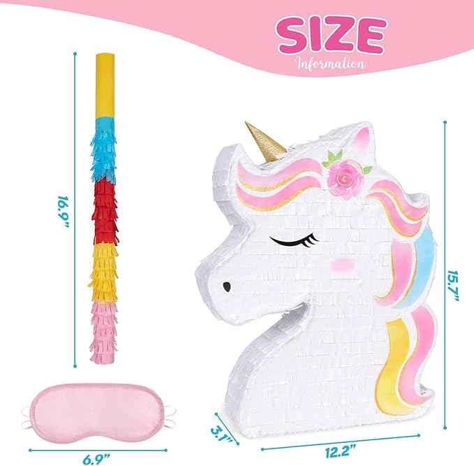WERNNSAI Unicorn Piñata - Unicorn Party Supplies Piñata Bundle with Blindfold and Bat for Girls Kids Rainbow Unicorn Theme Birthday Party Game Decorations (15.7" x 12.2" x 3.1")