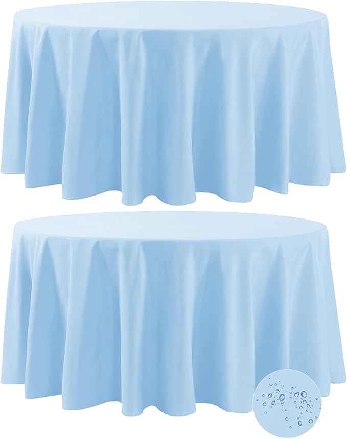 Fokitut 2 Pack Waterproof Round Tablecloth, 132 Inch, Stain Resistant and Wrinkle Polyester Table Cloth, Fabric Table Cover for Kitchen Dining, Wedding, Party, Holiday Dinner-Blue Mist by BalsaCircle
