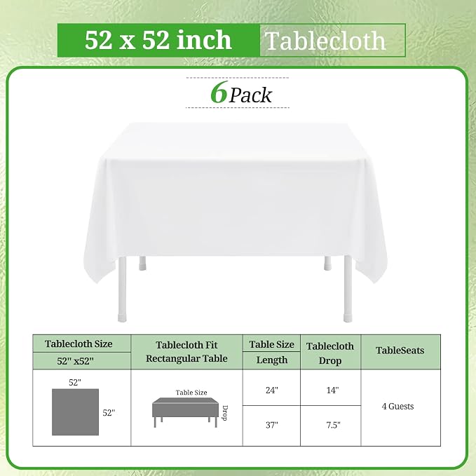 6 Packs White Square Tablecloths 52 x 52 Inch | Polyester Table Cloth for Square Tables, Stain Wrinkle Resistant Washable Fabric, Perfect for Wedding Banquet Party - Image 2
