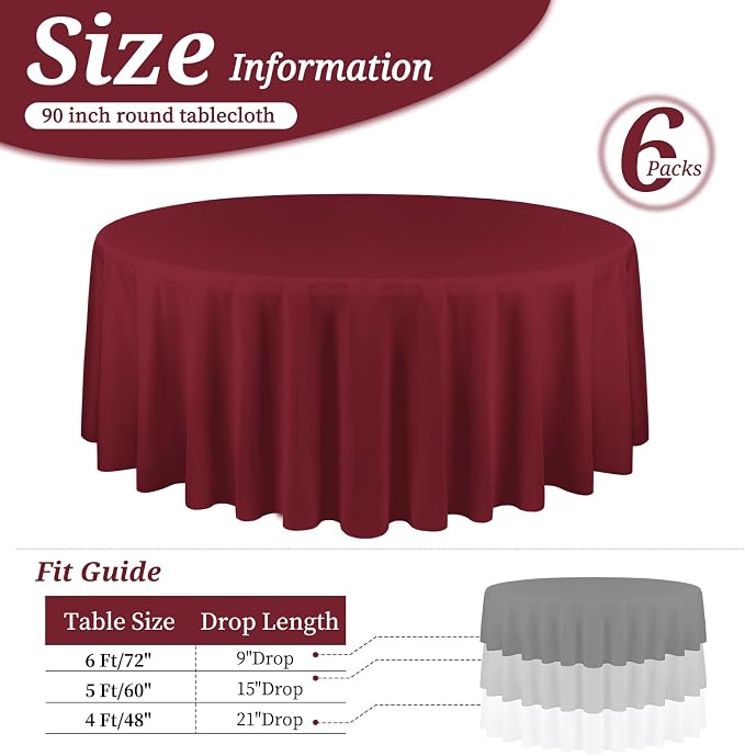YMHPRIDE 6 Pack Round Tablecloths - Burgundy, 90 Inch Polyester, Washable Fabric Table Covers for Wedding, Party, Dining, Banquet - Image 2