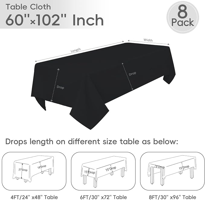 8 Pack Black Tablecloth 60 x 102 Inch Polyester Table Cloth for 6 Foot Rectangle Tables, Wrinkle Resistant Washable Decorative Fabric Table Covers for Wedding Party Banquet Buffet and Camping | Wrinkle Resistant, Washable Polyester Fabric, Rectangular ... - Image 3
