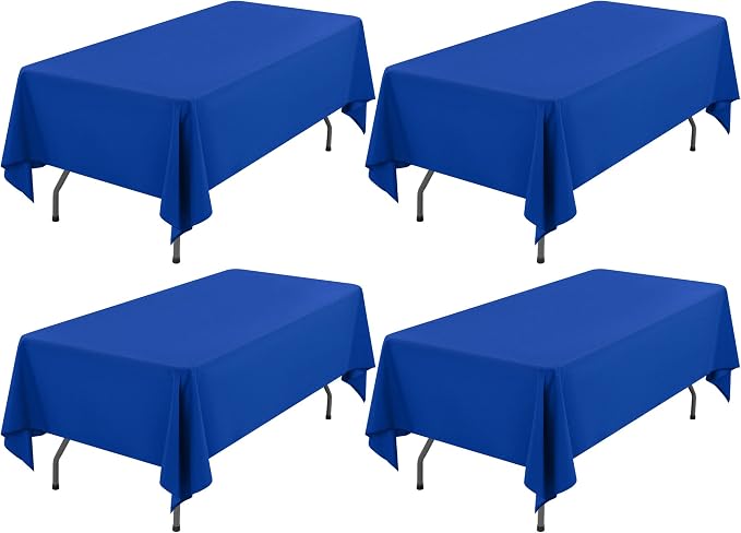 Showgeous 4 Pack Royal Blue Polyester 60x126 Inch Tablecloths | Soft polyester, wrinkle resistant, fade resistant, smooth finish, fine stitching, folded hems, reusable, machine washable by Showgeous