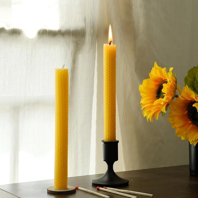 Pack of 4 Beeswax Taper Candles Hand Rolled - Smokeless Dripless - Organic No Scent - 8 Inch in Natural Yellow