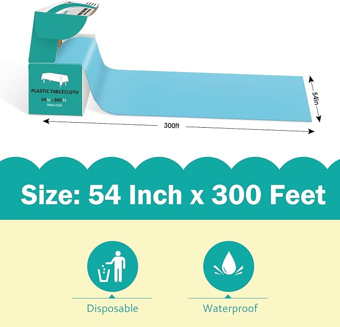 54 Inch x 300 Feet Light Blue Plastic Tablecloth Roll Disposable Table Cloth with Cutter Box Plastic Table Cover for Party - Image 2