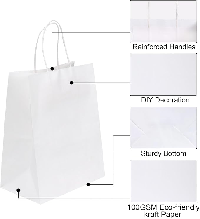 Joybe 50 Pack 8x4.75x10 Inch Medium White Kraft Paper Bags with Handles Bulk, Craft Paper Gift Bags for Party Favors Grocery Retail Shopping Business Goody Merchandise Take Out Blank Sacks (50pcs) - Image 3