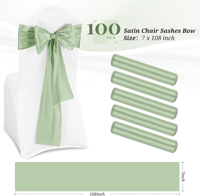 Pesonlook 100 Pcs Sage Green Satin Chair Sashes Ties, 7×108inch | Satin Chair Sashes Bows Chair Cover Back Tie Supplies for Wedding Reception Events Banquets Party, Hotel Event, Chairs Decor - Image 2