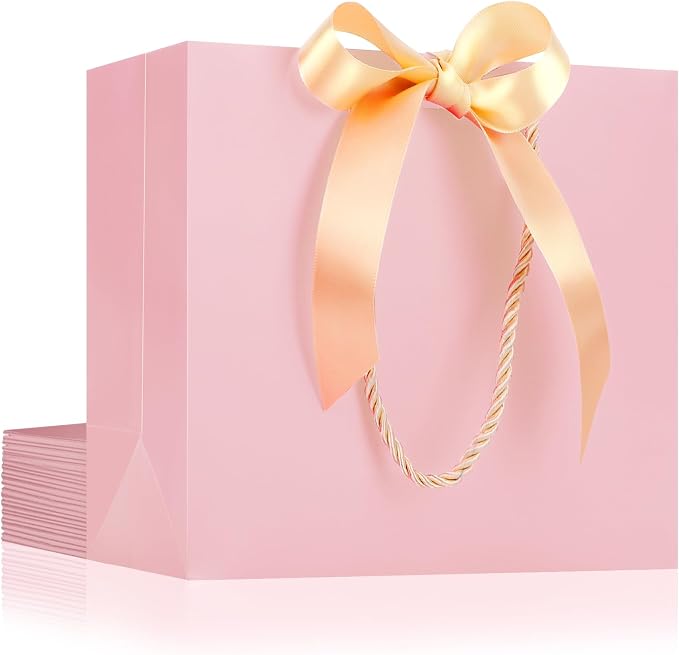 EUSOAR Pink Gift Bags, 12pcs 8.6"x3.9"x7" Thank You Gift Paper Bags with Bow Ribbon Handle, Small Shopping Party Favor Gift Treat Candy Bags Bulk for Wedding Guests Bridal Birthday by EUSOAR