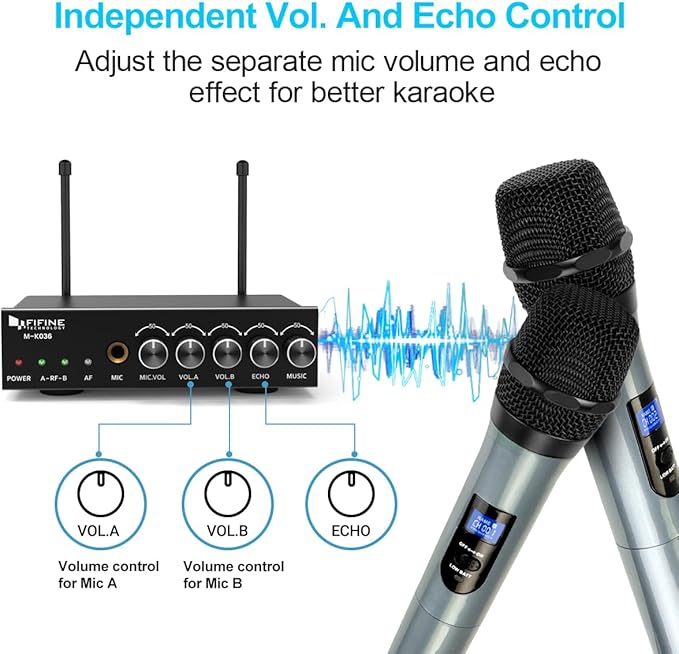 FIFINE UHF Dual Channel Wireless Handheld Microphone, Easy-to-use Karaoke Wireless Microphone System-K036