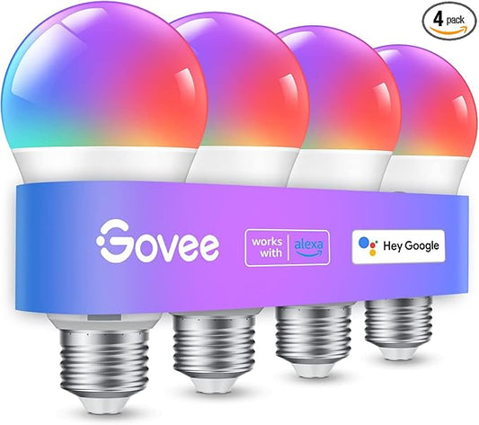 Govee Smart Light Bulbs, Color Changing Light Bulb, Work with Alexa and Google Assistant, 16 Million Colors RGBWW, WiFi & Bluetooth LED Light Bulbs, Music Sync, A19, 800 Lumens, 4 Pack
