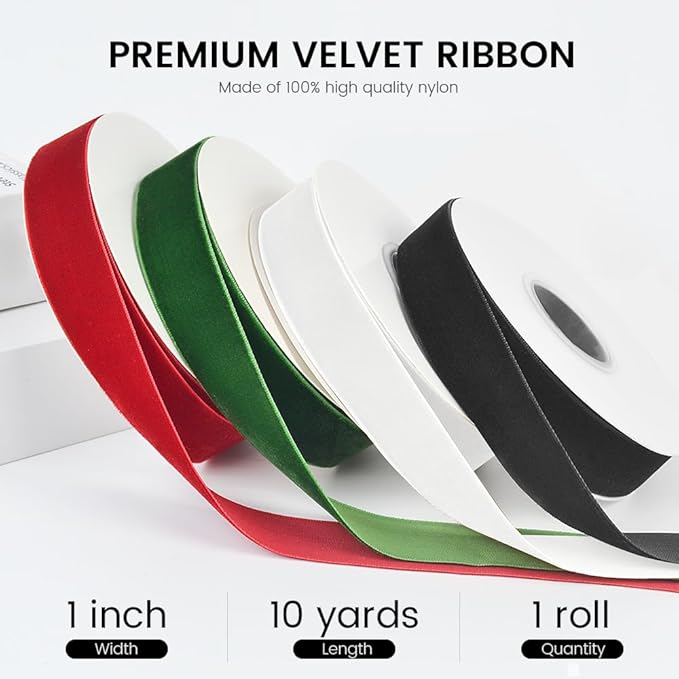 1" Wide x 10 Yards Velvet Ribbon, Vintage Single Face Velvet Ribbons for Gift Wrapping, Christmas Wrapping Bows, Wedding Decor, Sewing and More (White)