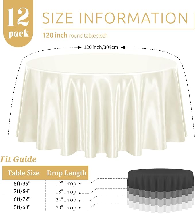 12 Pack 120 Inch Round Satin Tablecloth, Ivory - Image 2