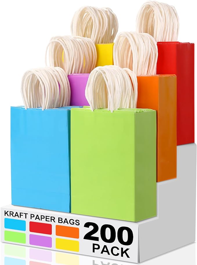 XPCARE 200Pcs Paper Gift Bags 6.3x3.15x8.66'' Kraft Paper Party Favor Bags | Bulk Rainbow Goodie Bags Small Gift Bags with Handles for Kids Birthday Baby Shower Crafts Wedding Party Supplies by XPCARE