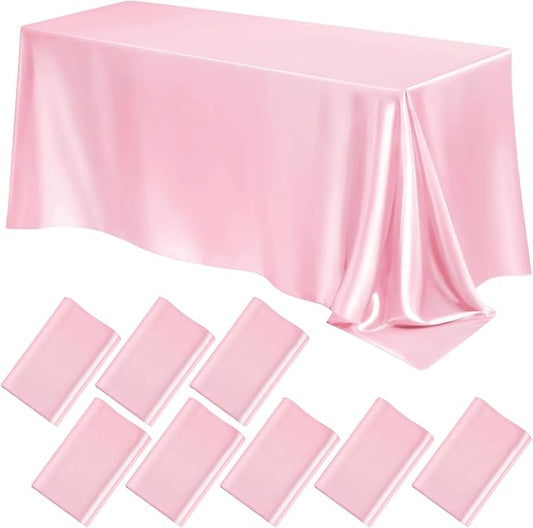 Lounsweer 8 Packs Satin Tablecloth 102 x 58 Inches Rectangle Table Cover Silk Smooth Fabric Party Table Cloth for Rectangle Parties, Holiday Dinner Wedding Banquet Decoration(Pink)