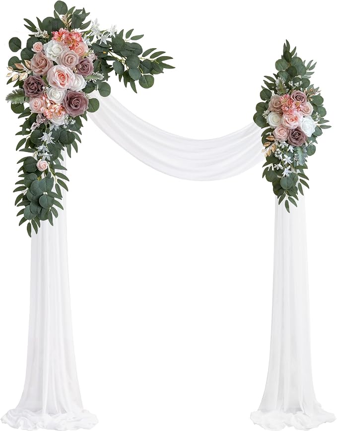 Olalaka Dusty Rose Artificial Wedding Arch Flowers Kit (Pack of 3) with 26Ft White Shiny Arch Draping Fabric for DIY Wedding Party Ceremony Reception Backdrop Floral Decoration by Love%C2%A0Every%C2%A0Bit%C2%A0of%C2%A0Life