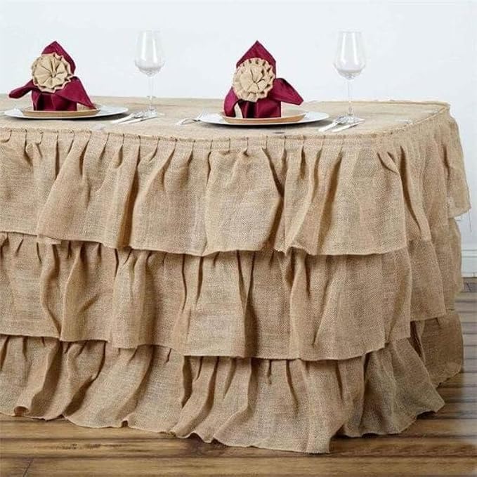 Efavormart 3 Tier Rustic Elegant Ruffled Burlap Table Skirt for Kitchen Dining Catering Wedding Party Decorations Events - 17 Ft - Image 2