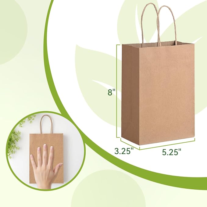 100 Pack Small Paper Gift Bags with Handles, 5.25 x 3.25 x 8 Inch, Brown | Kraft Material, Bulk Pack for Craft, Shopping, Business, Retail, Party Favor, Birthday and Grocery Use - Image 2