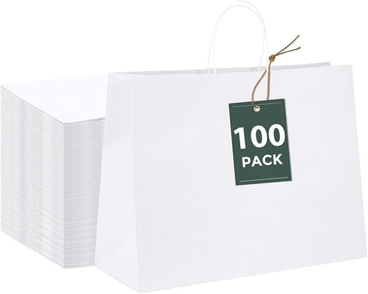 GSSUSA White Paper Bags with Handles, Large Gift Bags 16x6x12, 100 Pack | Recyclable Kraft Shopping Bags for Small Business, Party Favors, Boutique, Grocery, Retail, Merchandise, and Gift Packaging. by GSSUSA