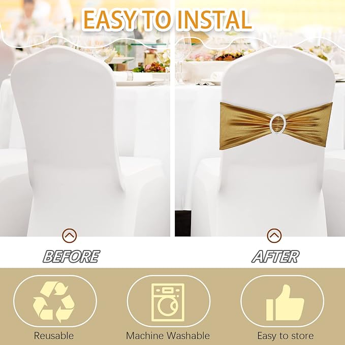 CHENGU 150 Pcs Glossy Gold Chair Sashes with Buckle, Stretch Bands - Image 5