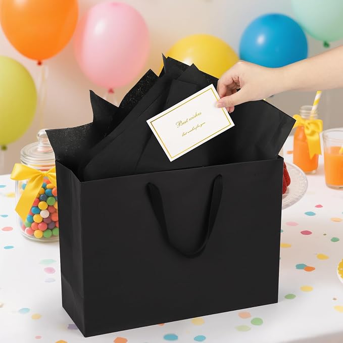 EUSOAR Large Gift Bag, 12pcs 16"x6"x12" Black Kraft Paper Shopping Bags with Handles Thank You Welcome Bags with 25pcs 20"x30" Black Tissue Paper and 12pcs White/Gold Cards for Party Favor Wedding - Image 4
