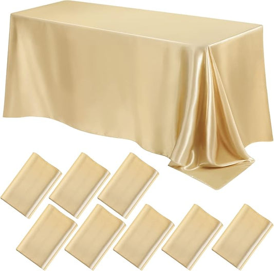 Lounsweer 8 Packs Satin Tablecloth 102 x 58 Inches Rectangle Table Cover Silk Smooth Fabric Party Table Cloth for Rectangle Parties, Holiday Dinner Wedding Banquet Decoration(Champagne)