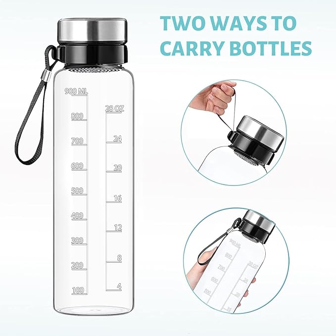 1 Liter Glass Water Bottle - 32 oz Large Borosilicate Wide Mouth Glass Drinking Bottles With Time Marking, Sleeve, BPA Free