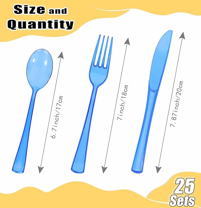 HEIPINIUYE 75 Pack Royal Blue Clear Plastic Cutlery Heavy Duty Clear Blue Plastic Knives Forks and Spoons Disposable Silverware Set for 25 Guest Camping Birthday Baby Shower Party Utensil Set